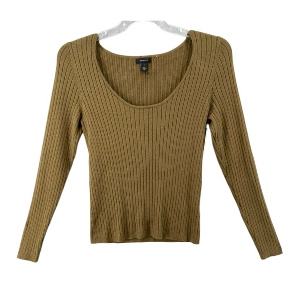 HALOGEN Sweater Women Sz L‎ Olive Green Knit Ribbed Scoop Neck Long Sleeve